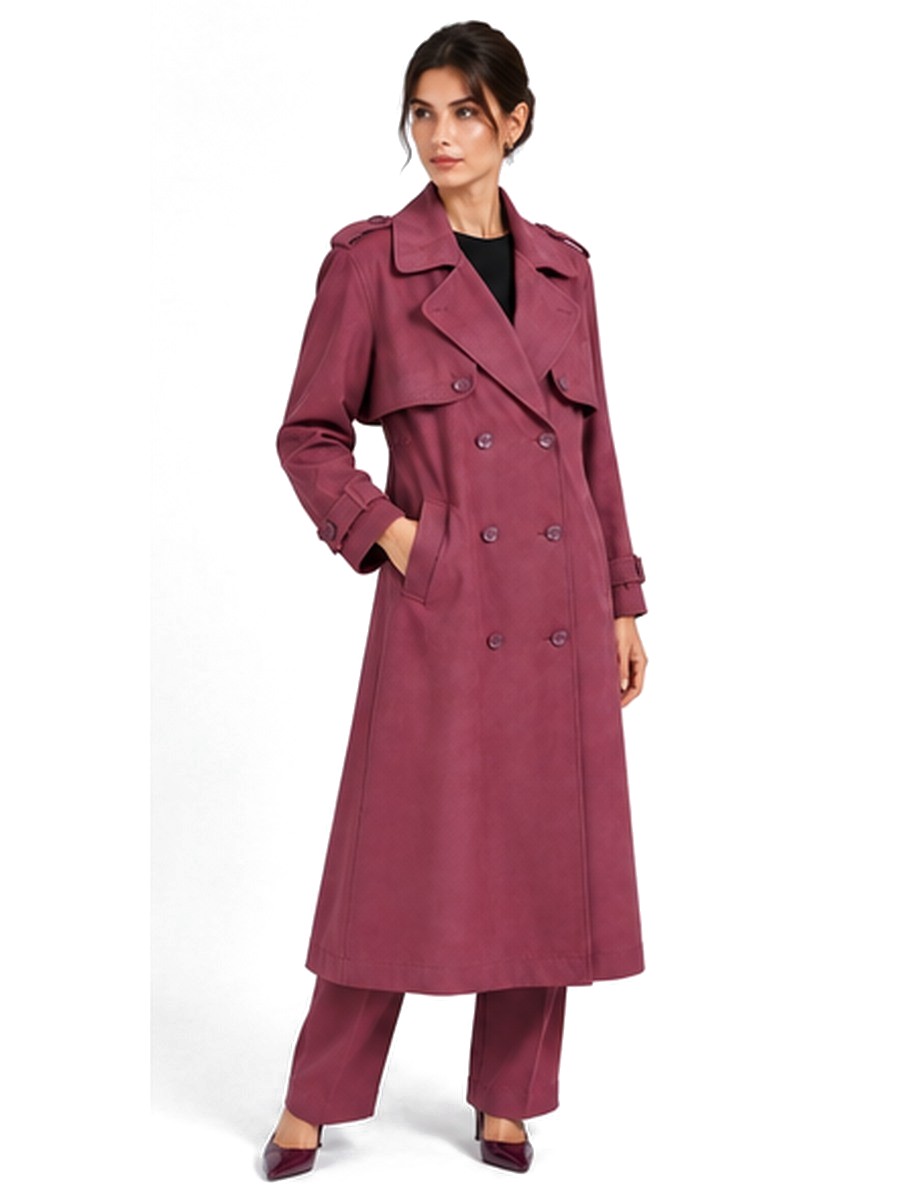 Borghesi burgundy trench coat, three-quarter view