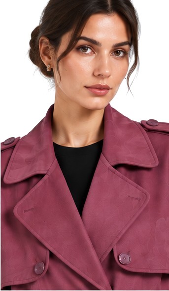 Borghesi burgundy trench coat, collar and lapel detail