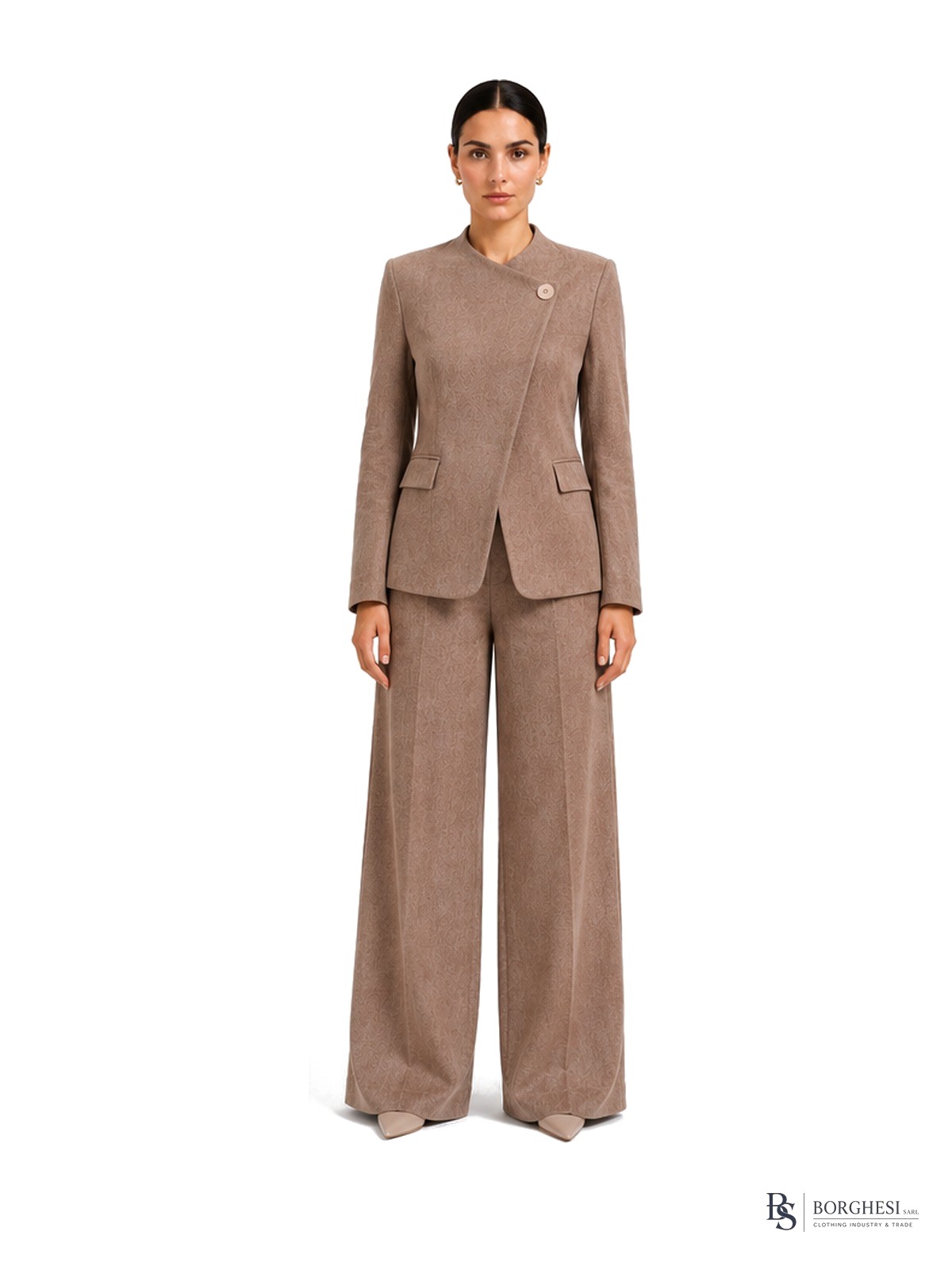 Taupe asymmetric wrap blazer and wide-leg trousers, front view