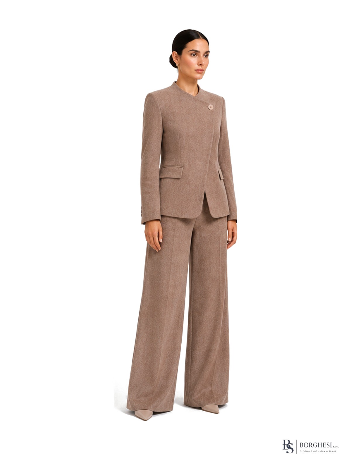 Taupe wrap suit, three-quarter front view