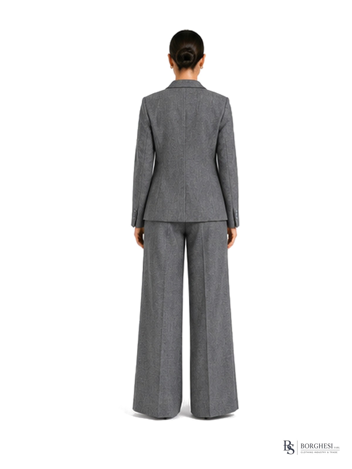 Grey flannel suit, back view